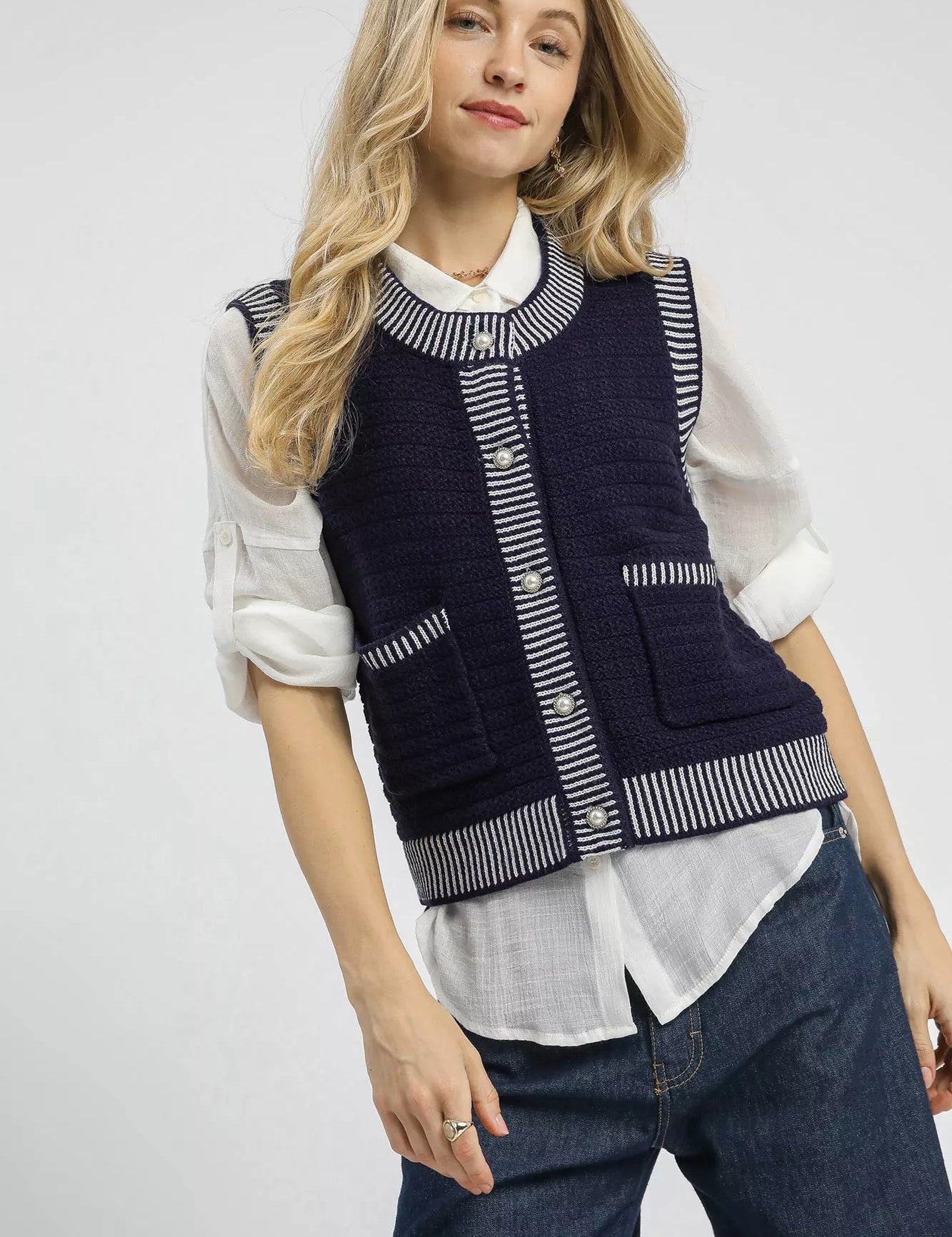 NAVY CREAM Umgee Contrast Striped Trim Button-Down Sweater Vest | Sweaters Daverri Fashions