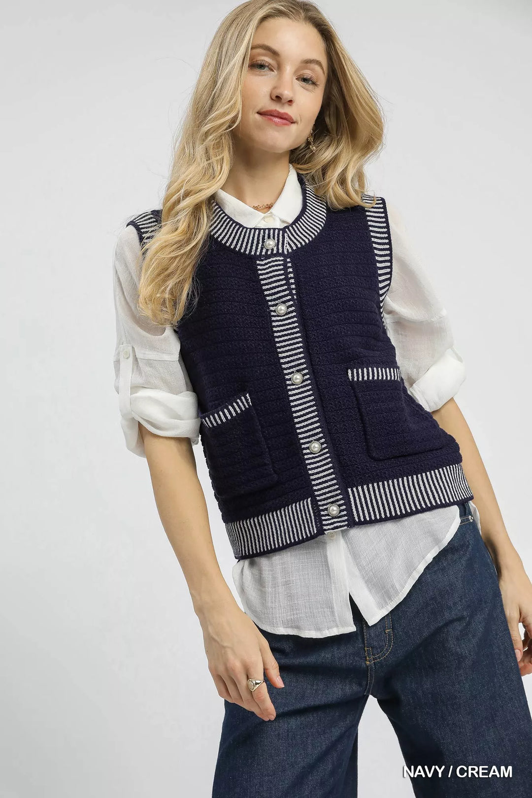NAVY CREAM Umgee Contrast Striped Trim Button-Down Sweater Vest | Sweaters Daverri Fashions