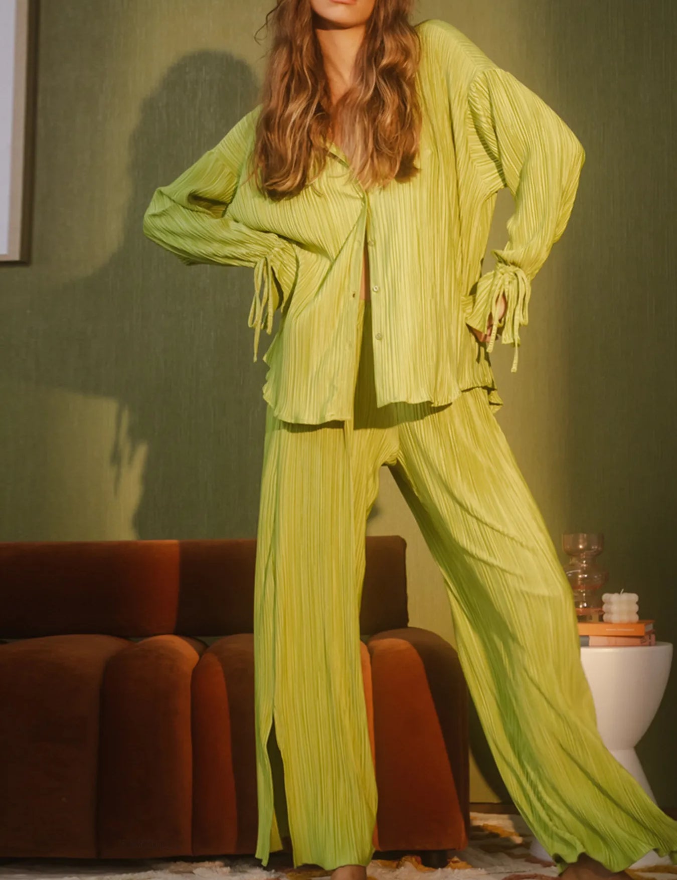Green Button Up Long Sleeve Top and Pants Set | Outfit Sets Daverri Fashions