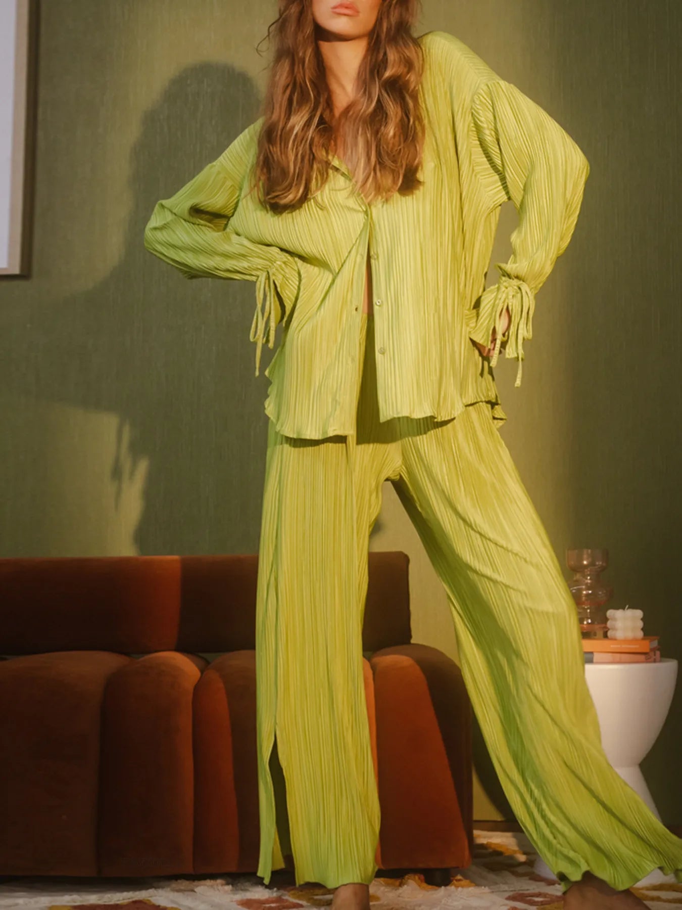 Green Button Up Long Sleeve Top and Pants Set | Outfit Sets Daverri Fashions