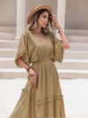 Olive-green tassel trim smocked V-neck short sleeve maxi dress