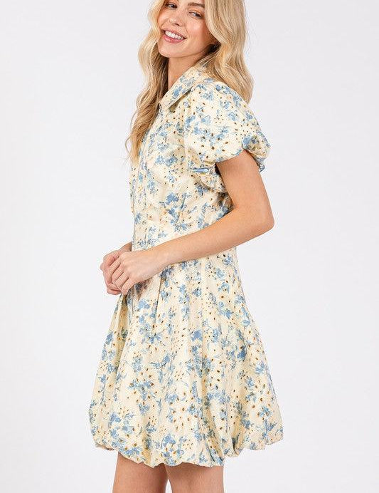 GeeGee Floral Eyelet Zipper Front Puff Sleeve Mini Dress | Daverri Fashions