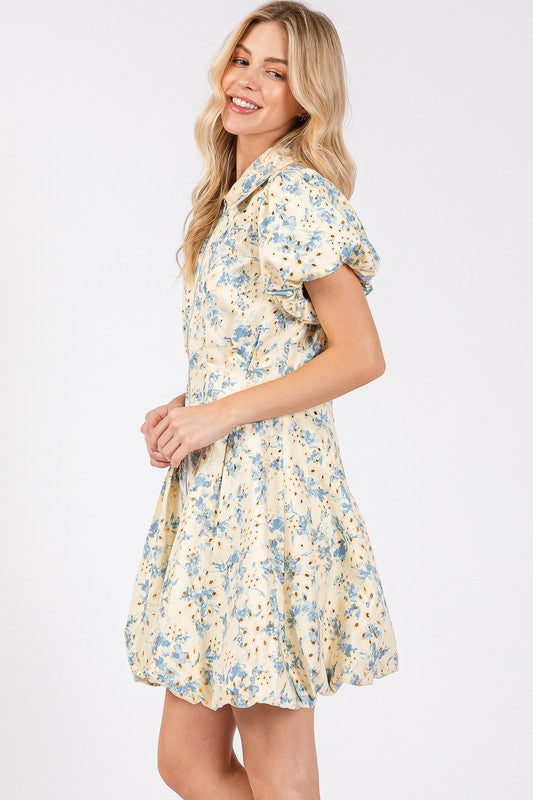 GeeGee Floral Eyelet Zipper Front Puff Sleeve Mini Dress