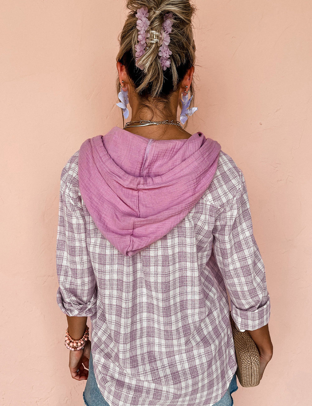 Pink Checkered Print Loose Fit Buttoned Hooded Shacket | Shackets Daverri Fashions