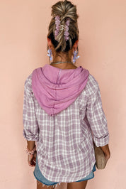 Pink Checkered Print Loose Fit Buttoned Hooded Shacket | Shackets Daverri Fashions