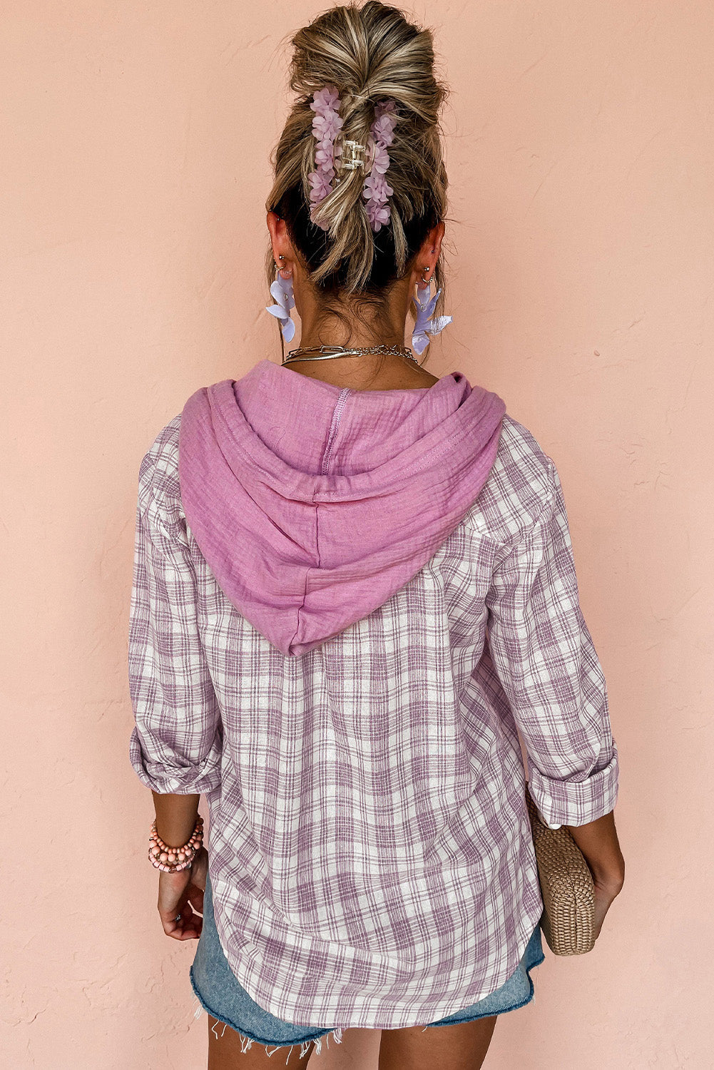Pink Checkered Print Loose Fit Buttoned Hooded Shacket | Shackets Daverri Fashions