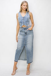 RISEN Button Down Crop Denim Vest