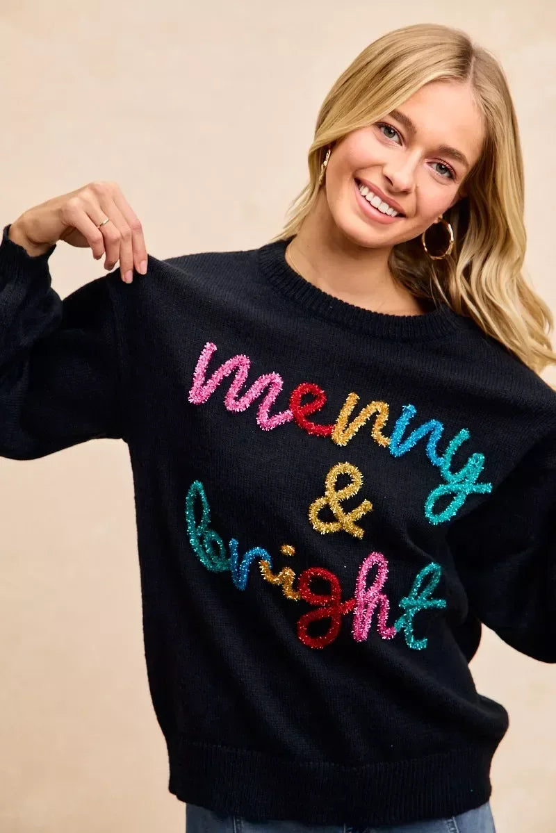 BiBi Tinsel Lettering Christmas Sweater - DAVERRI FASHIONS