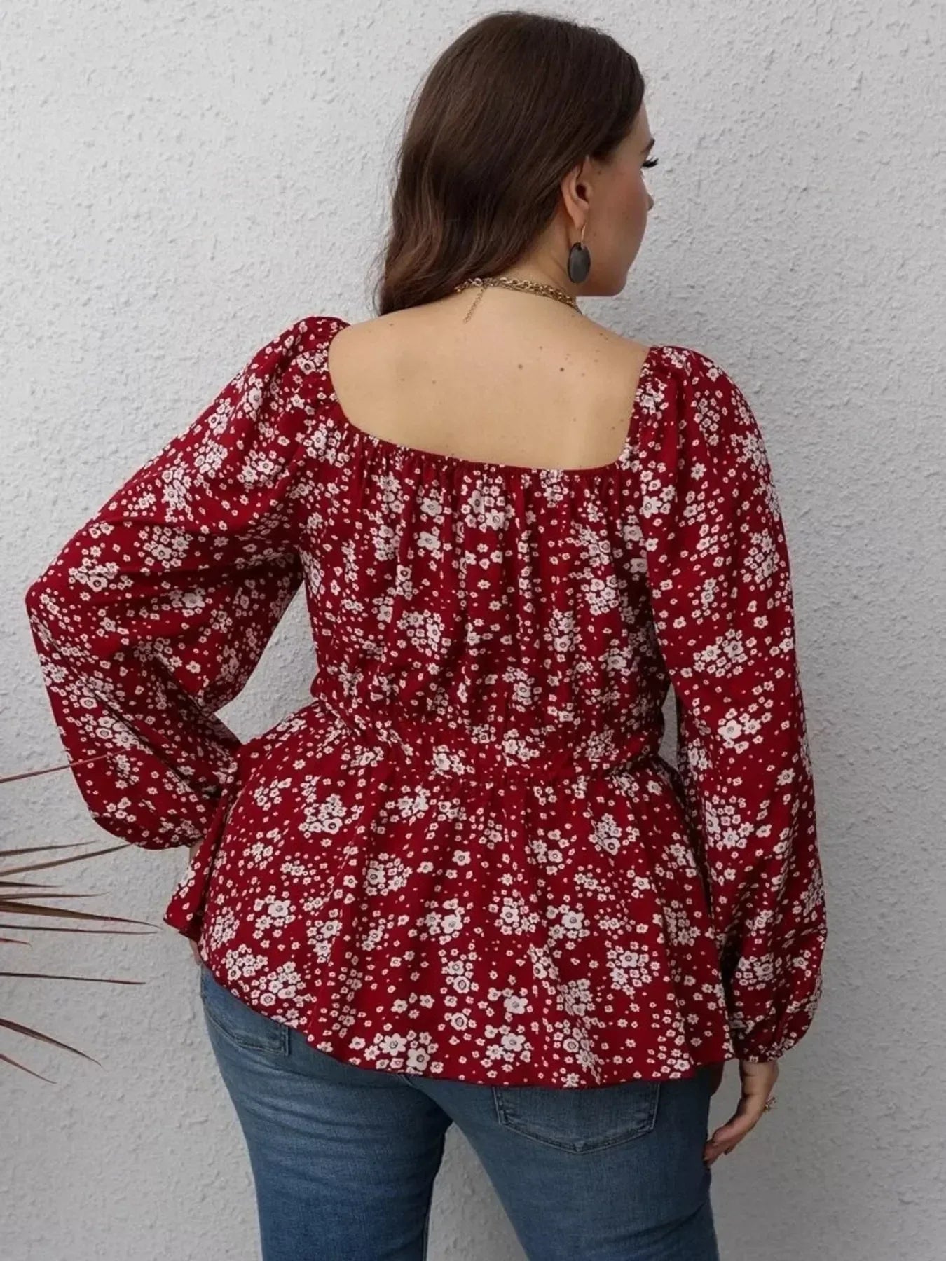 Daverri Fashions Floral Print Square Neck Long Sleeve Peplum Blouse - DAVERRI FASHIONS