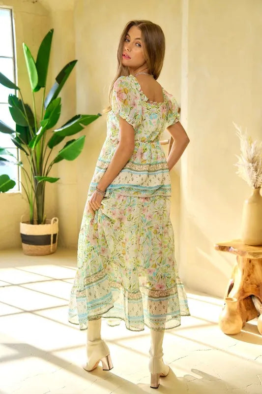 Light green floral print ruffled midi dress by Davi & Dani with square neckline