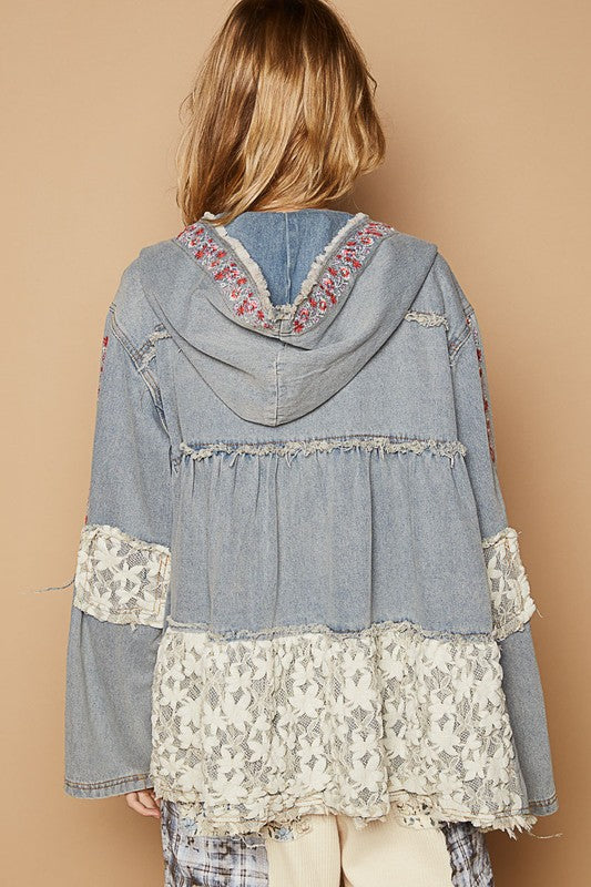 POL Embroidered Lace Patch Zip Up Hooded Jacket