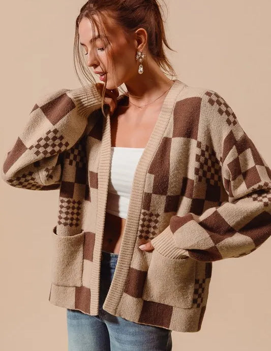 SO ME Checkered Open Front Cardigan with Pockets | Daverri Fashions