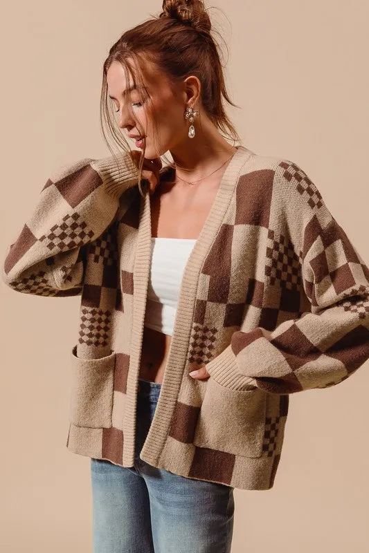 SO ME Checkered Open Front Cardigan with Pockets