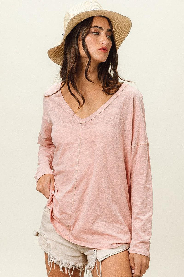 BiBi Exposed Seam V-Neck Long Sleeve T-Shirt T-Shirts