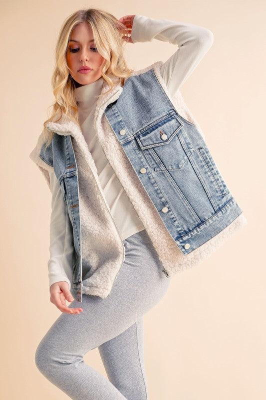 Aemi + Co Denim Patch Sherpa Vest Coat Jackets