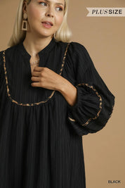 Umgee Full Size Textured Babydoll Dress with Leopard Trim Plus Size | Daverri Fashions