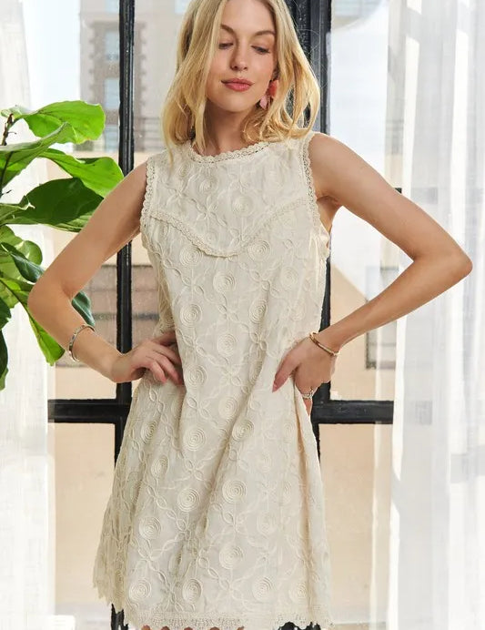 Beige S ADORA Applique Round Neck Sleeveless Shift Dress | Mini Dresses Daverri Fashions