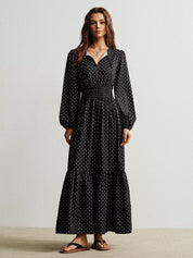 Black polka dot long sleeve maxi dress with tie waist from Anthropologie