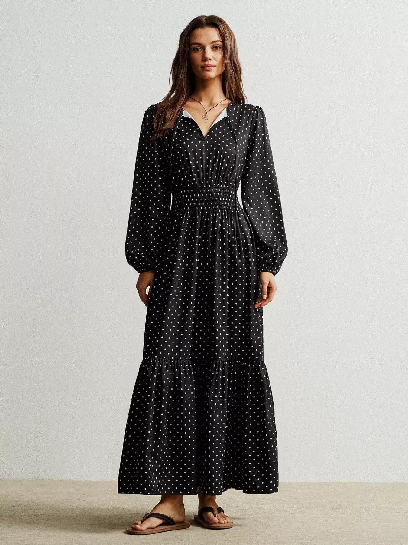 Daverri Fashions Polka Dot Long Sleeve Maxi Dress - DAVERRI FASHIONS