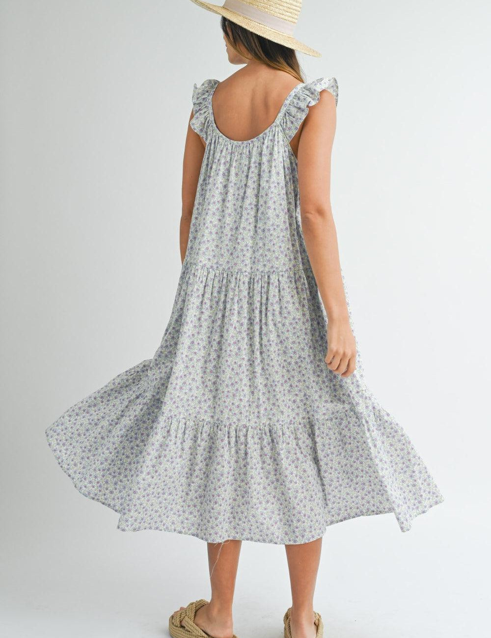 MABLE Floral Ruffle Shoulder Tiered Midi Dress | Daverri Fashions