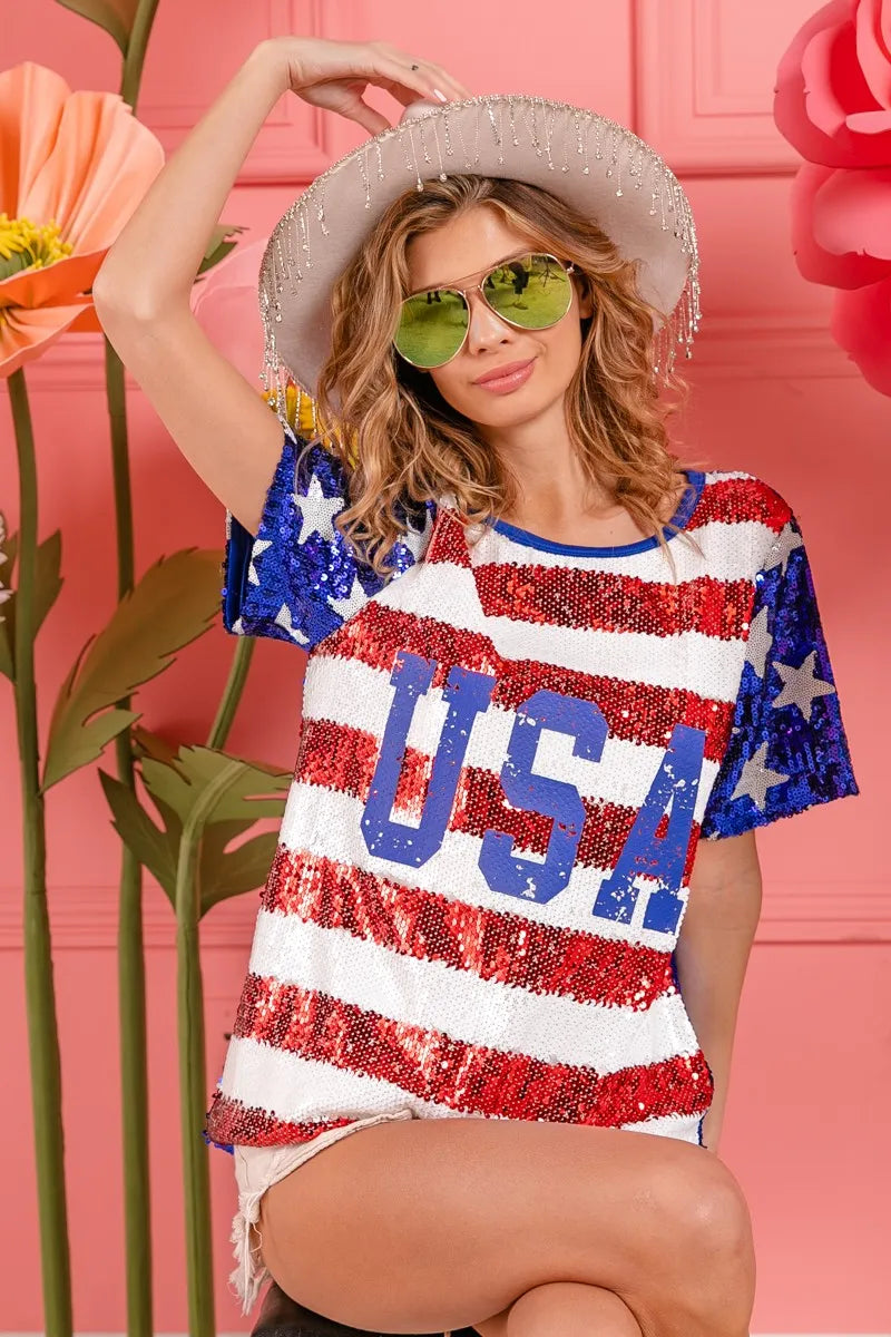 BiBi American Flag Theme USA Lettering Sequin Top Tops