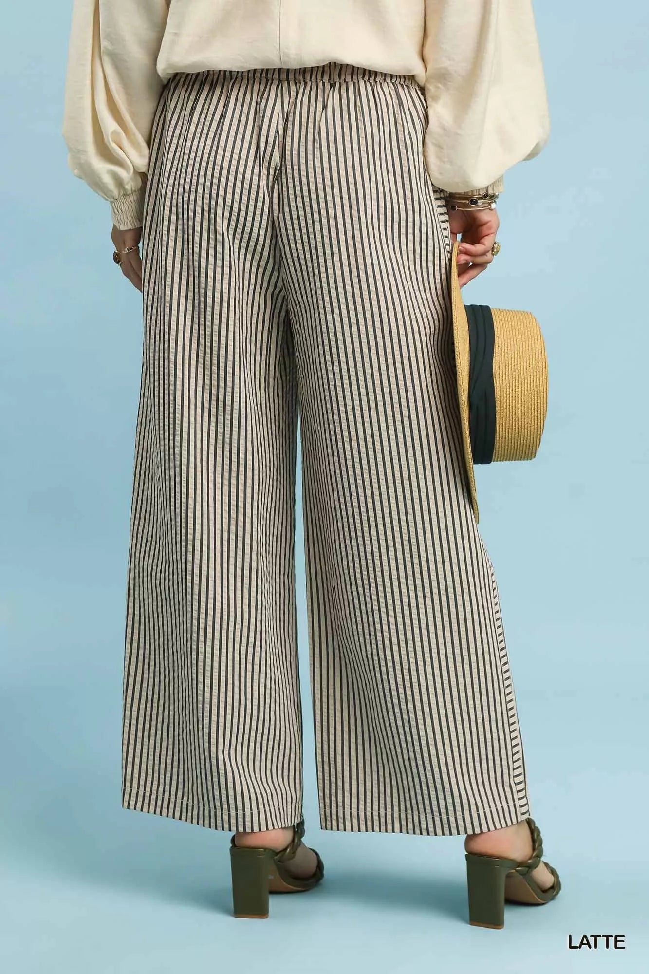 Umgee Drawstring beige and black striped wide-leg pants