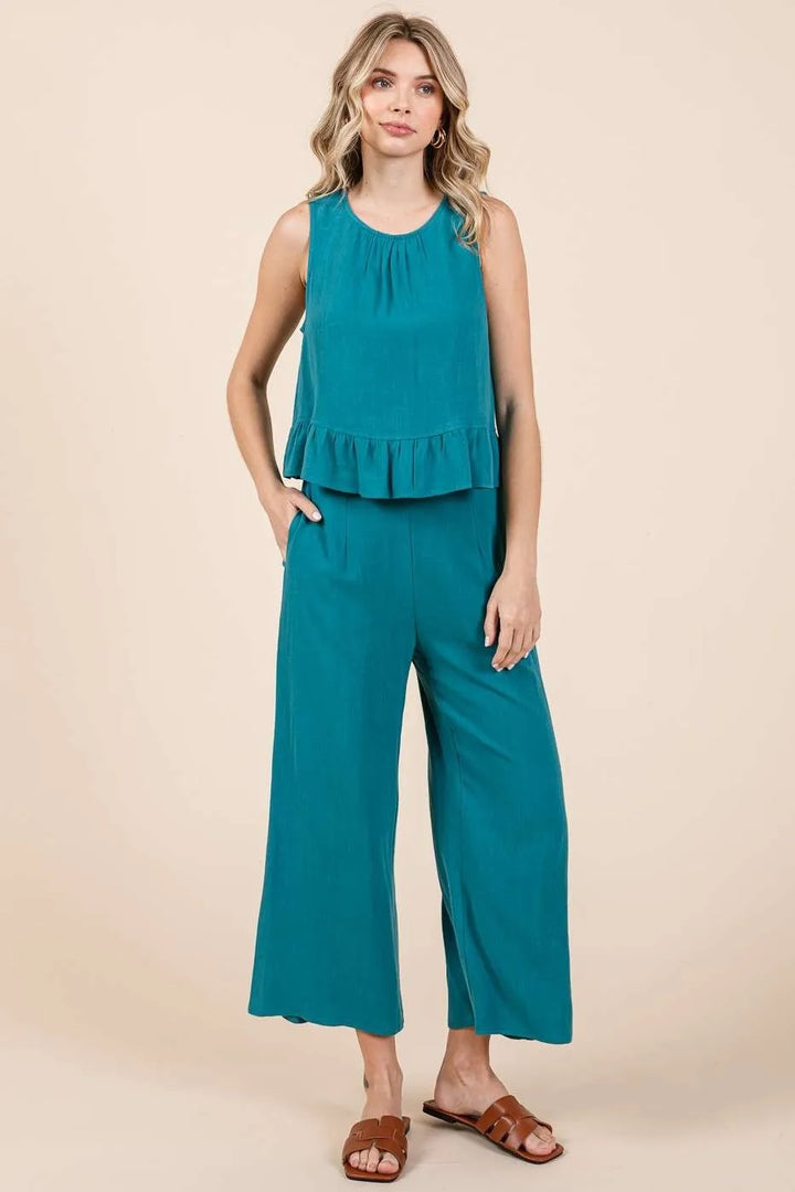 Mittoshop Linen Ruffle Tank Top and Pants Set Outfit Sets