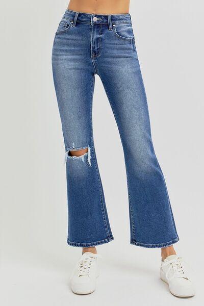 RISEN Full Size Distressed High Rise Crop Flare Jeans - DAVERRI FASHIONS