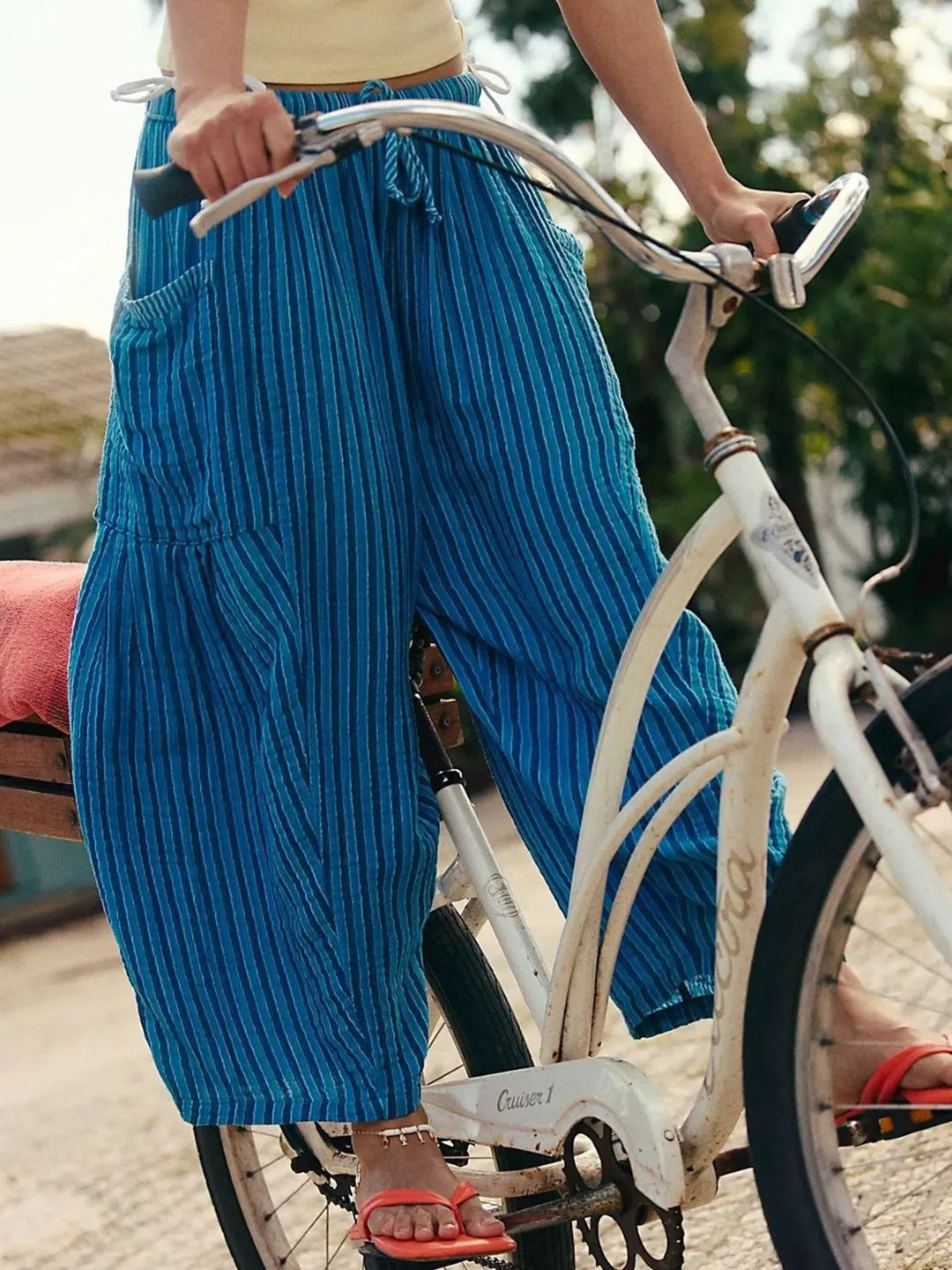 Dark Blue Full Size Striped Wide Leg Casual Pants Plus Size | Pants Daverri Fashions