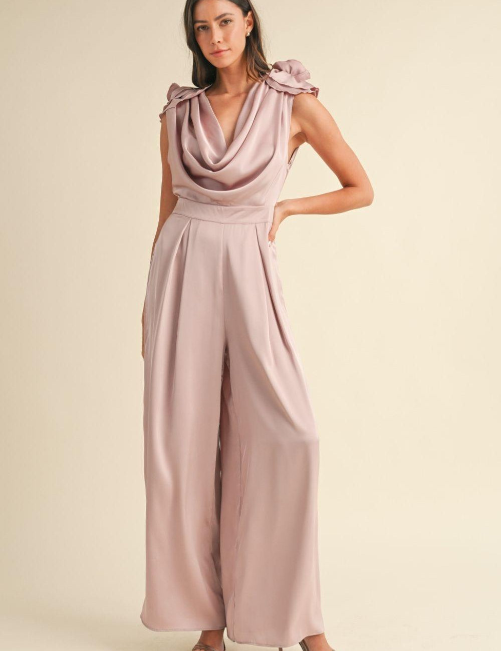 Dusty Mauve MABLE 3D Floral Applique Deep Cowl Neck Jumpsuit | Daverri Fashions