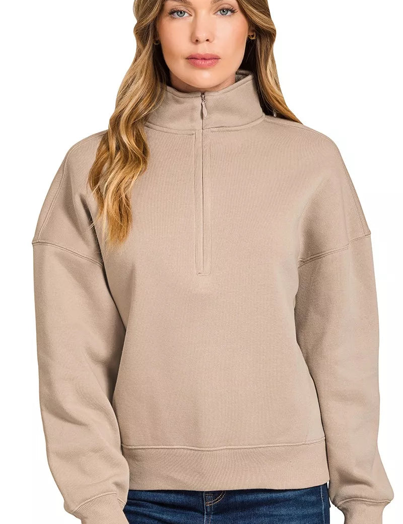 ASH MOCHA Zenana Fleece High Neck Half Zip Sweatshirt Ash Mocha | Sweatshirts Daverri Fashions