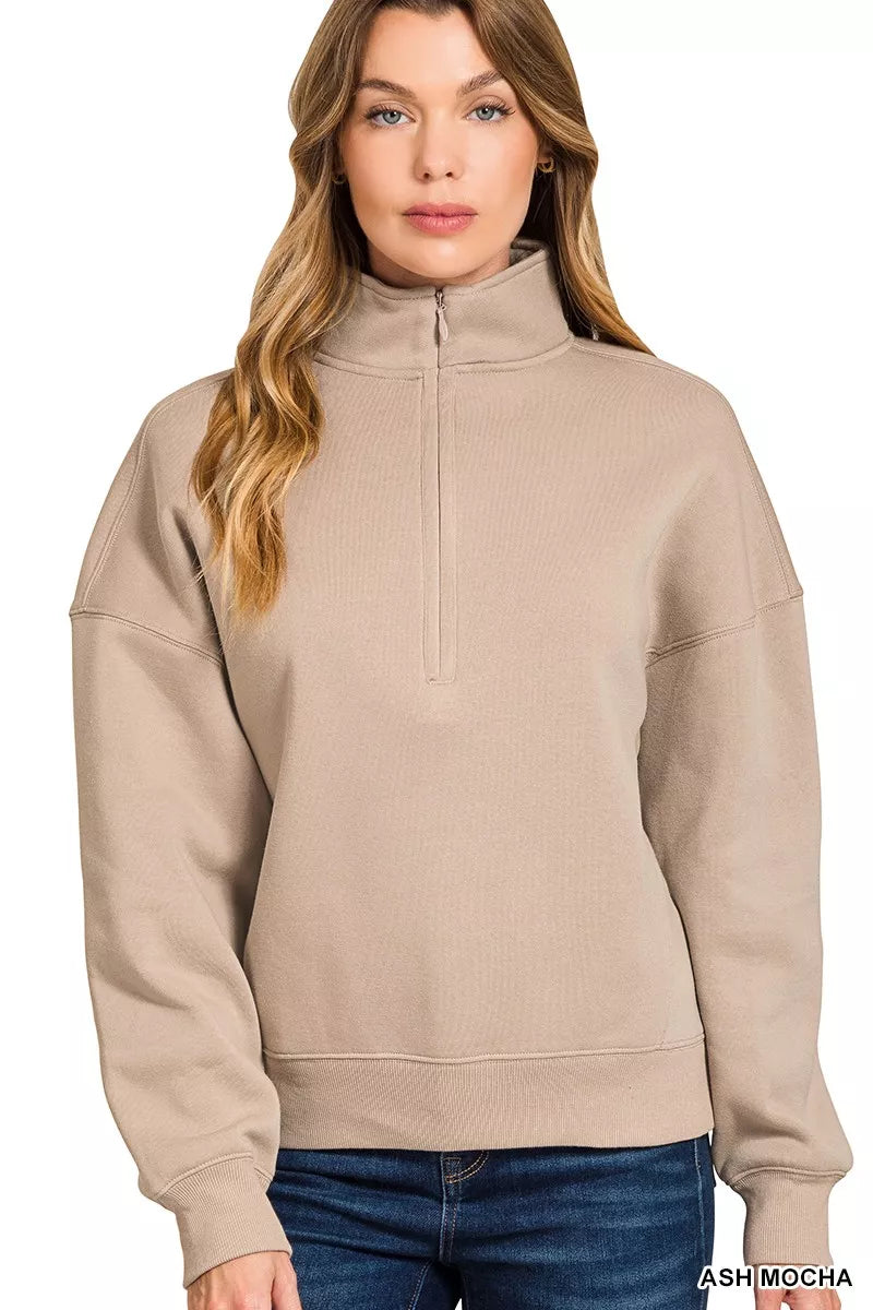 ASH MOCHA Zenana Fleece High Neck Half Zip Sweatshirt Ash Mocha | Sweatshirts Daverri Fashions