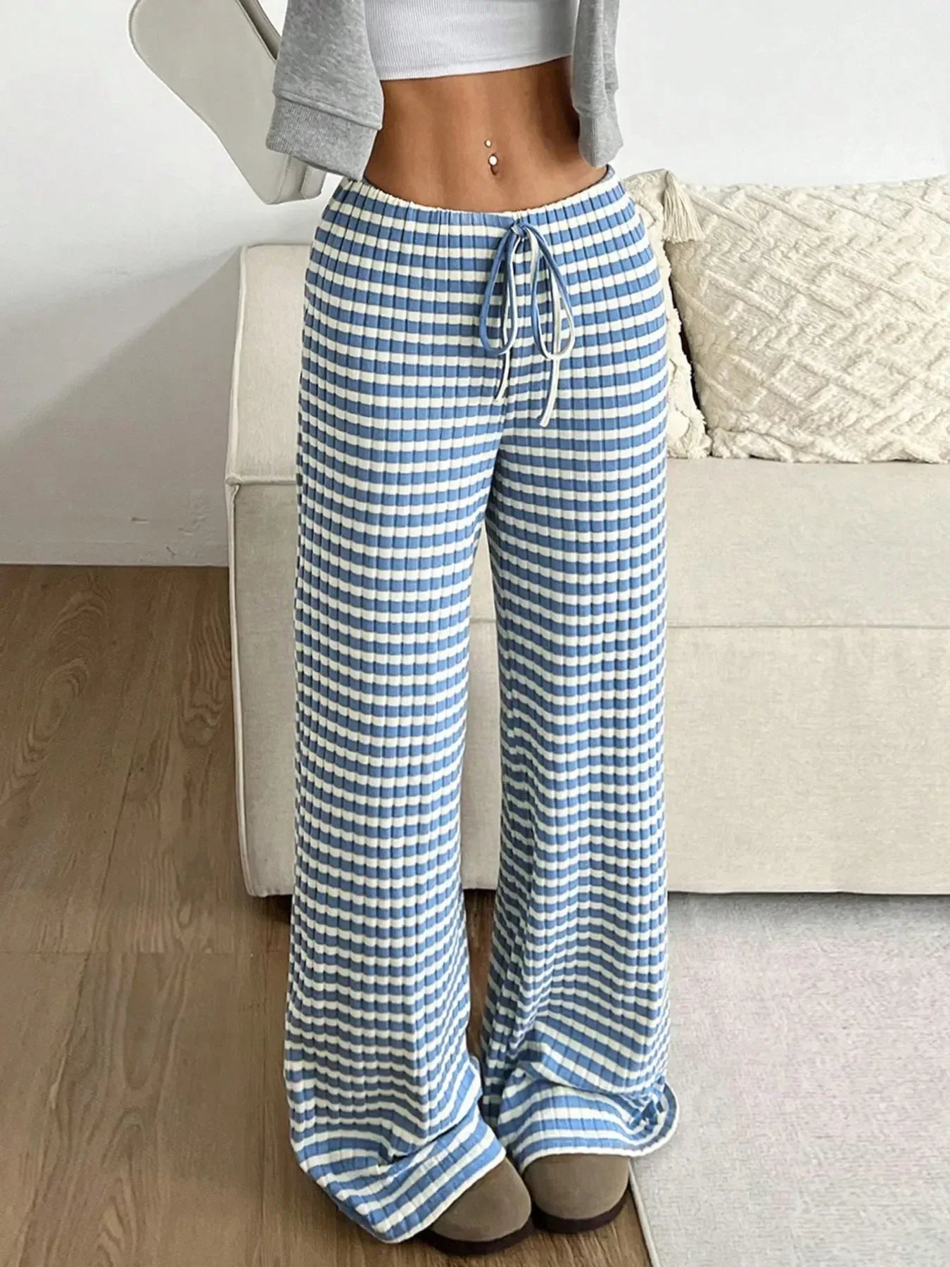 Striped Wide Leg Drawstring Pants - DAVERRI FASHIONS