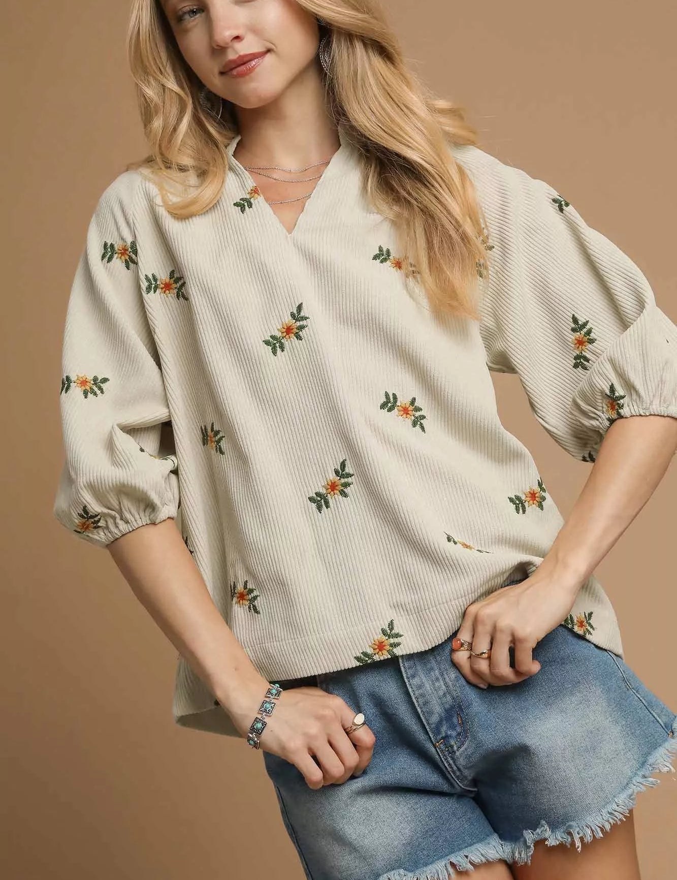 Cream Umgee Corduroy Floral Embroidered Puff Sleeve Blouse | Blouses Daverri Fashions