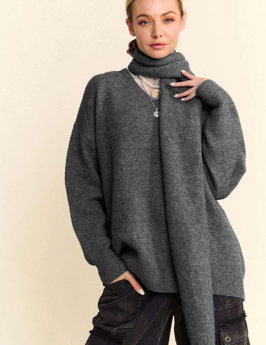 Davi & Dani V-Neck Dropped Shoulder Sweater with Scarf Set Dark Gray Sweaters