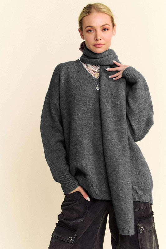 Davi & Dani V-Neck Dropped Shoulder Sweater with Scarf Set Dark Gray Sweaters