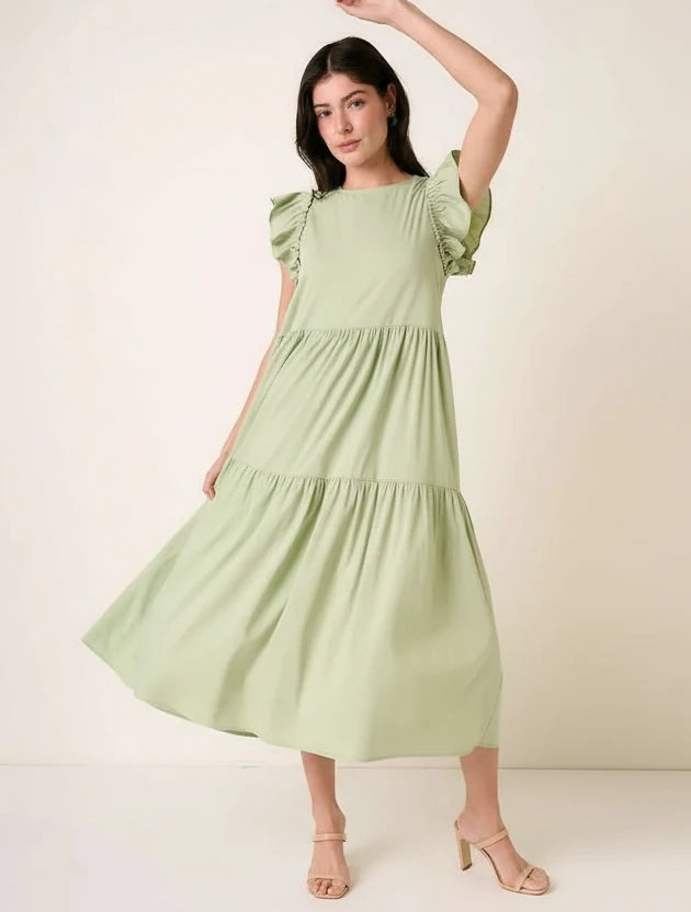 Mittoshop sage green ruffle short sleeve tiered maxi dress