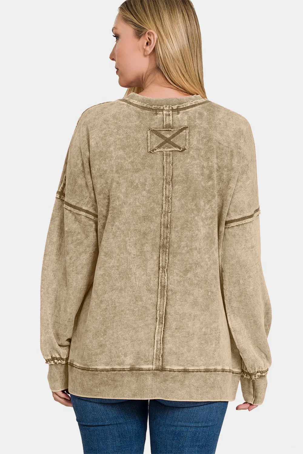 Zenana Exposed Seam Round Neck Dropped Shoulder Sweatshirt Sweatshirts