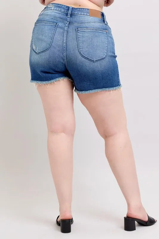 Judy Blue Full Size V-Front Denim Shorts with Shield Pockets Plus Size | Daverri Fashions