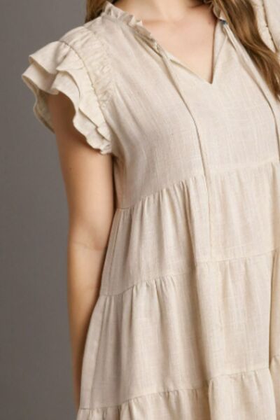 Cream Umgee tiered linen A-line mini dress with ruffled sleeves