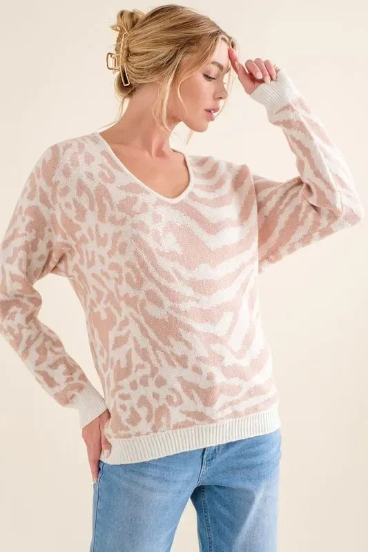 And The Why Leopard Zebra Combo Casual Sweater Top - DAVERRI FASHIONS