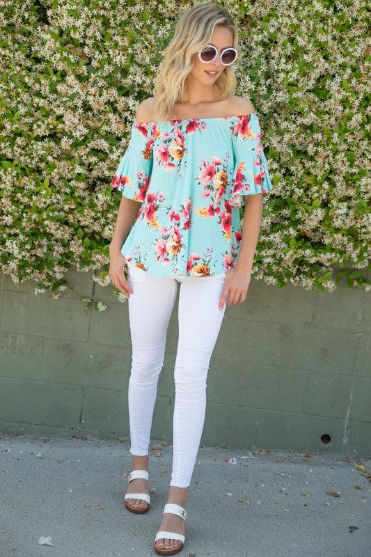 Plus Ruffle Sleeve Off Shoulder Floral Top Shirts & Tops