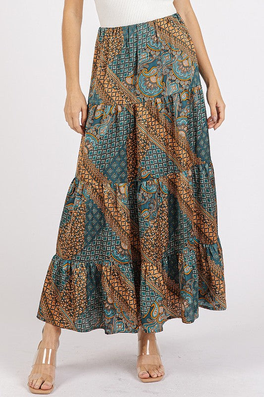 Mittoshop Paisley Patchwork Print Satin Maxi Skirt Teal Green Skirts