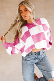 Checkered Bishop Sleeve Sweater | Sweaters Daverri Fashions