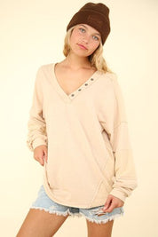 VERY J Washed V-Neck Exposed Seam Knit Top Beige Tops