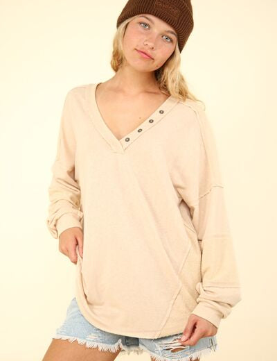 VERY J Washed V-Neck Exposed Seam Knit Top Beige Tops