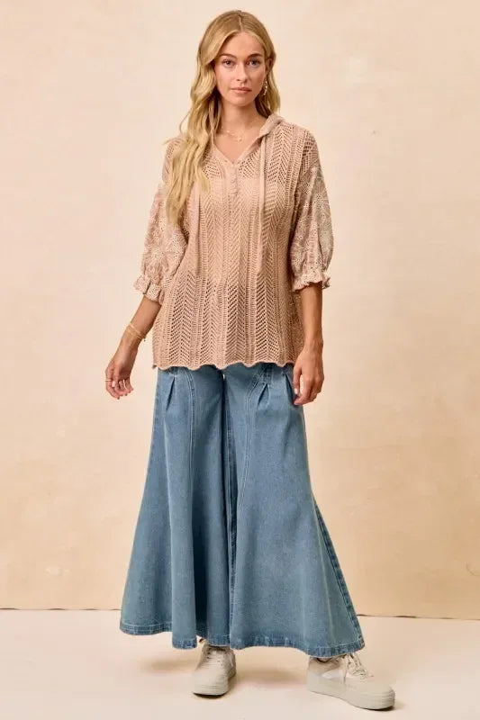 BiBi Jacquard Flower Puff Sleeve Hooded Knit Top - DAVERRI FASHIONS