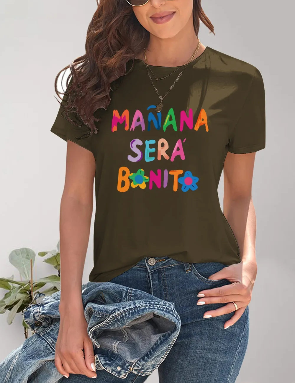 Olive green letter graphic round neck short sleeve t-shirt with stars