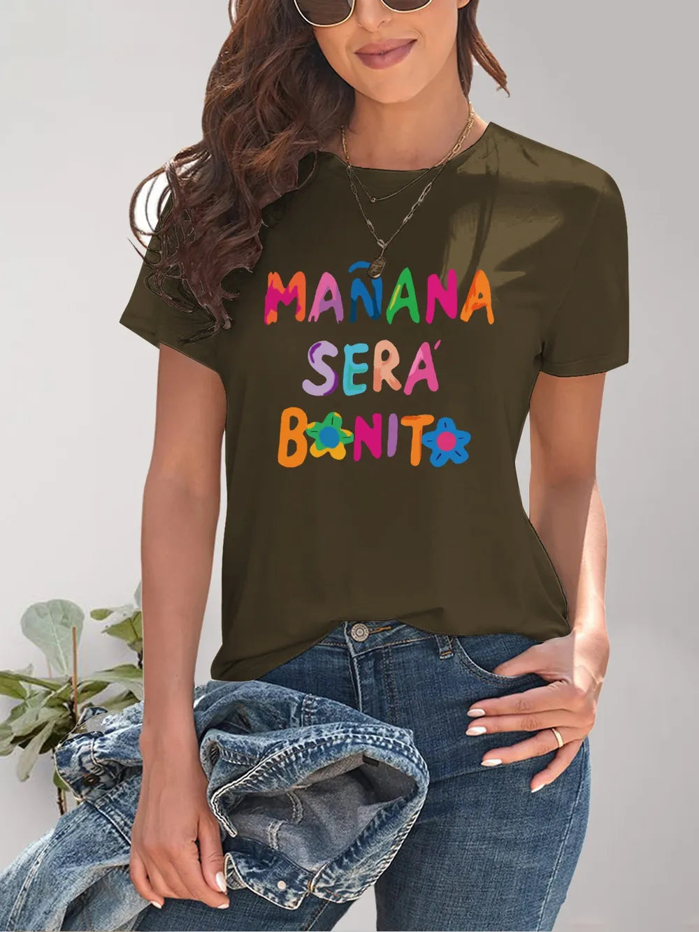 Olive green letter graphic round neck short sleeve t-shirt with stars