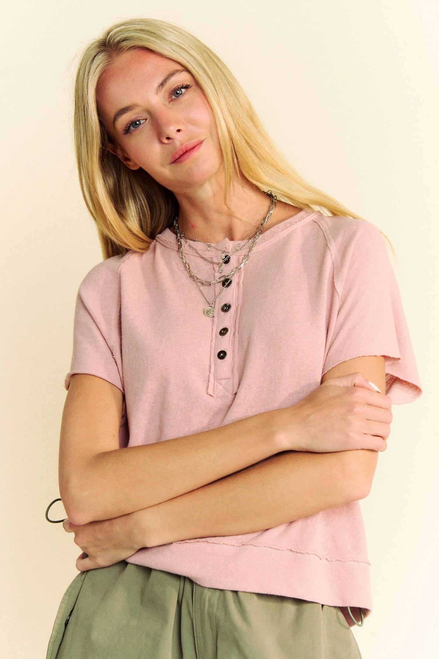 Davi & Dani Breezy Knit pink short-sleeve button-down T-shirt top